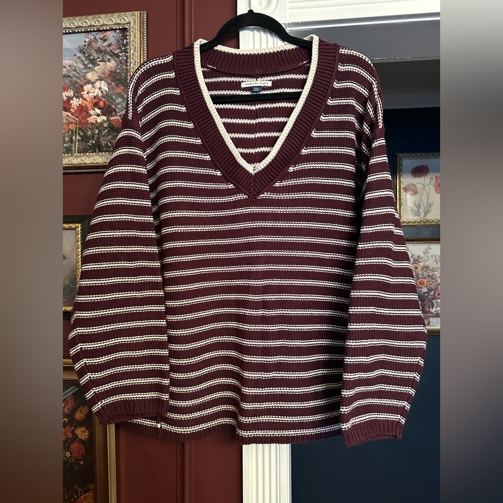American Eagle Outfitters Big Hug V Neck Sweater Cherry Stripes Size Medium